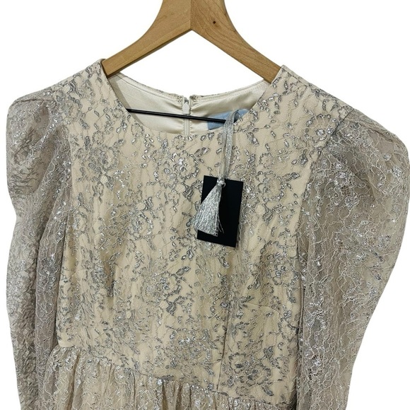 Antonio Melani Born on Fifth Silver Metallic Lace Long Sleeve Tiered Dress NEW - Picture 5 of 14